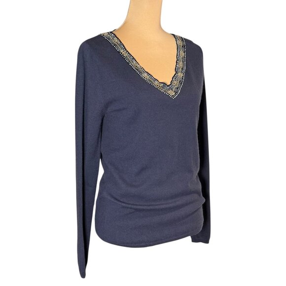 TSE Beaded Cashmere Sweater Sz L Gray  V-Neck Old Money Quiet Luxury Casual Chic - Picture 9 of 12